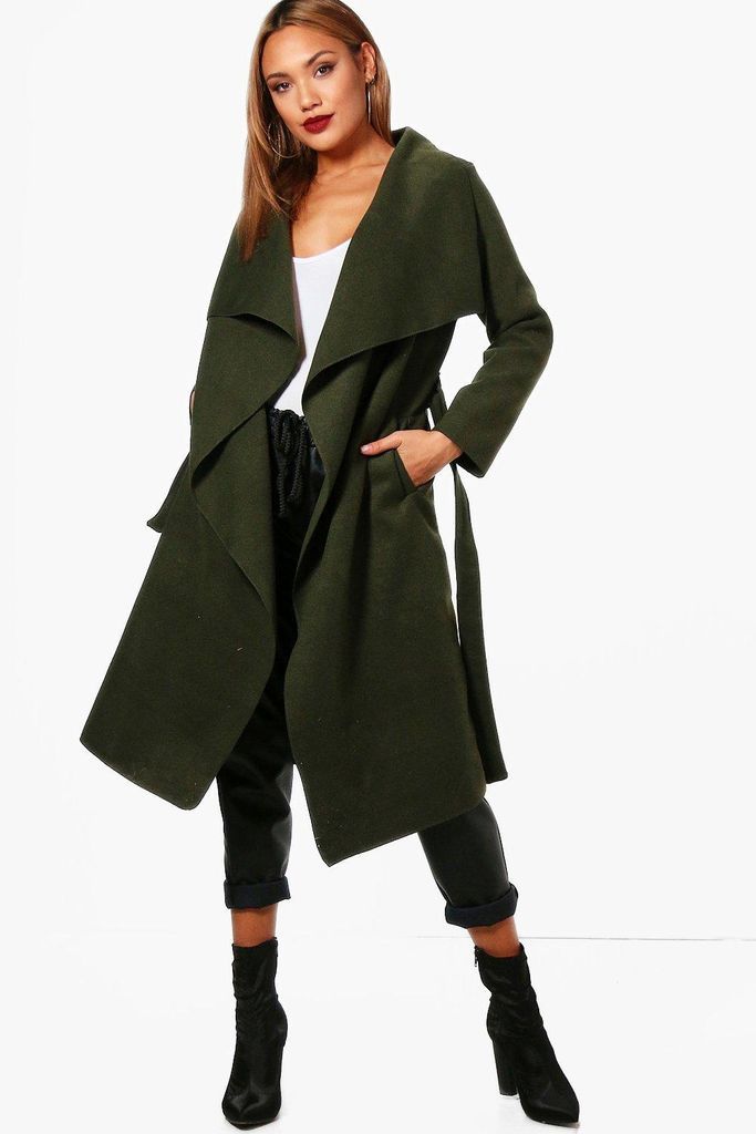 Womens Belted Waterfall Coat - Green - S/M, Green