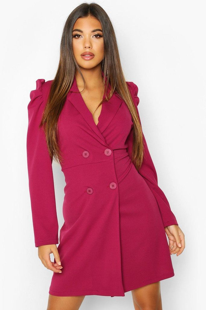Womens Puff Shoulder Double Breasted Blazer Dress - Pink - 14, Pink