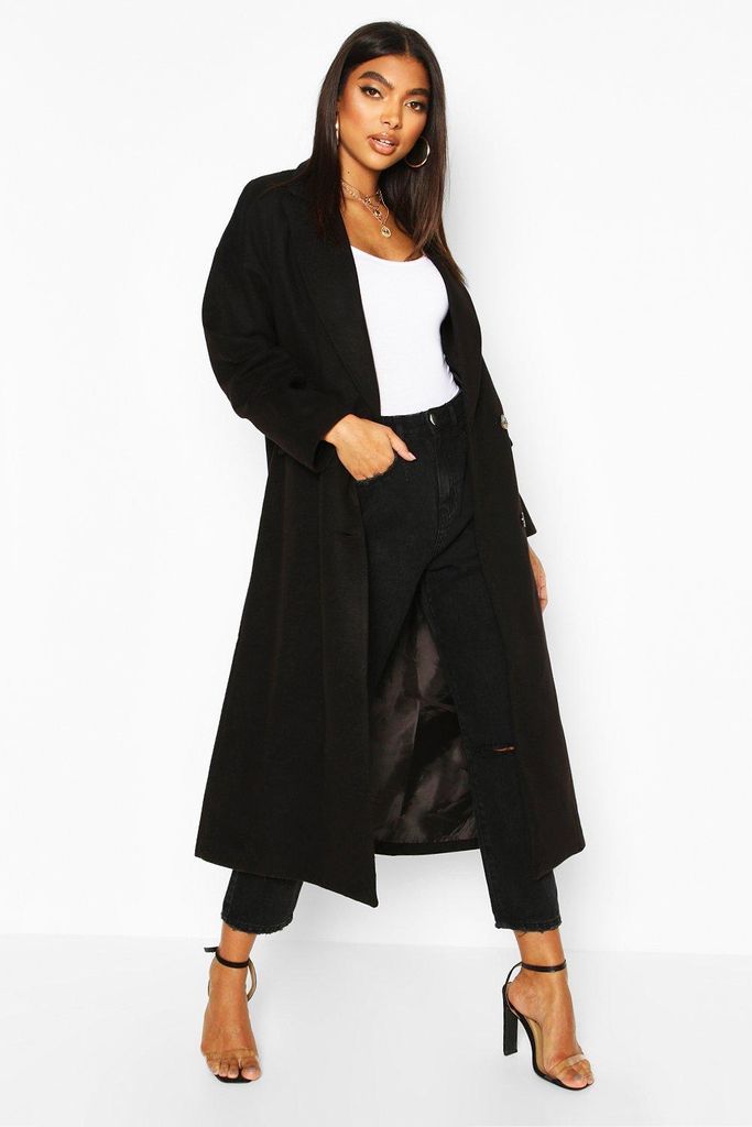Womens Tall Double Breasted Longline Wool Coat - Black - S, Black