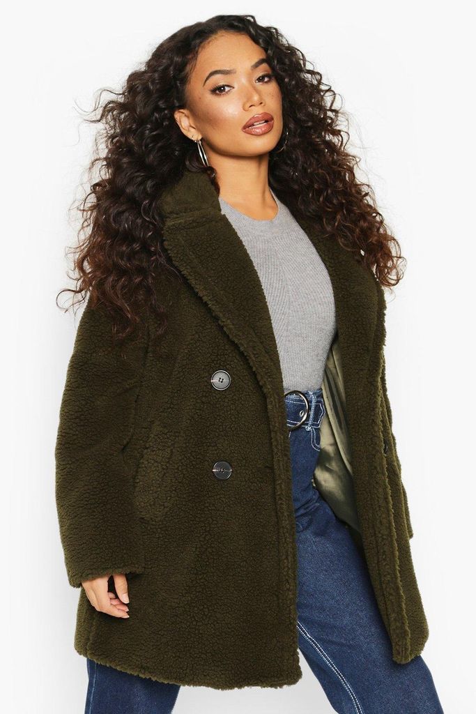 Womens Petite Double Breasted Teddy Coat - Green - 6, Green