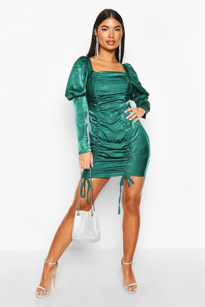 Womens Petite Hammered Satin Volume Sleeve Mini Dress - Green - 4, Green