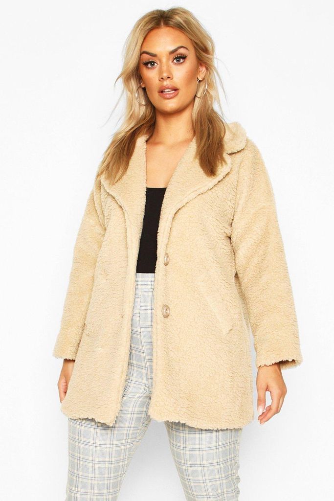 Womens Plus Faux Fur Teddy Coat - Beige - 14, Beige