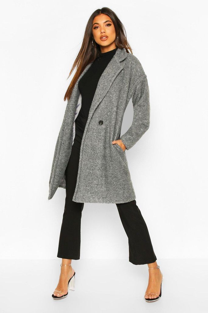 Womens Luxe Brushed Wool Look Button Through Coat - Grey - 12, Grey