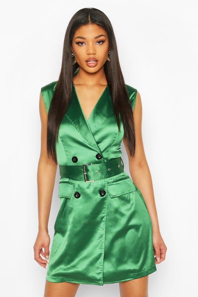Womens Satin Buckle Blazer Dress - Green - 14, Green