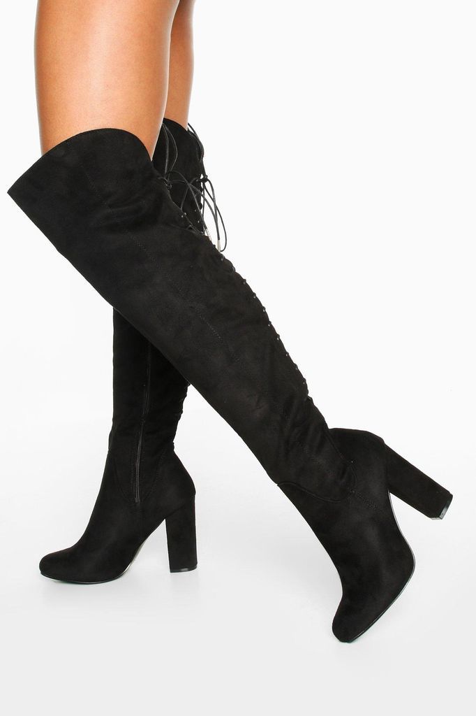 Womens Lace Back Block Heel Over The Knee High Boots - Black - 3, Black
