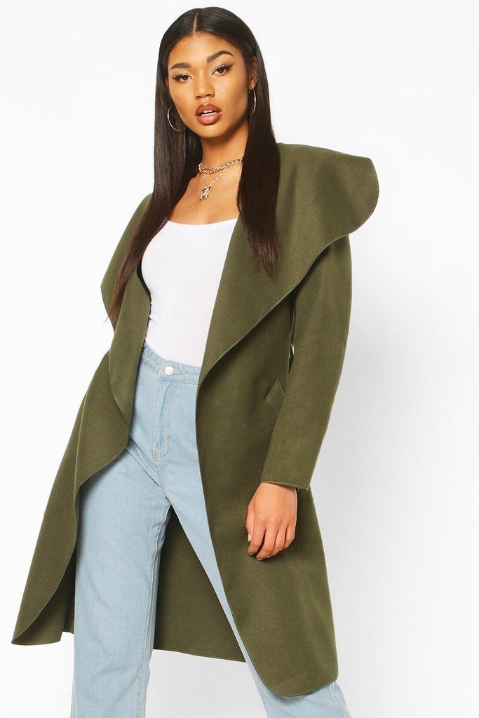 Womens Belted Shawl Collar Coat - Green - One Size, Green