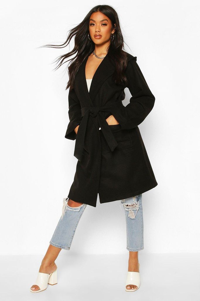 Womens Hooded Belted Utility Pocket Wool Look Coat - Black - 12, Black