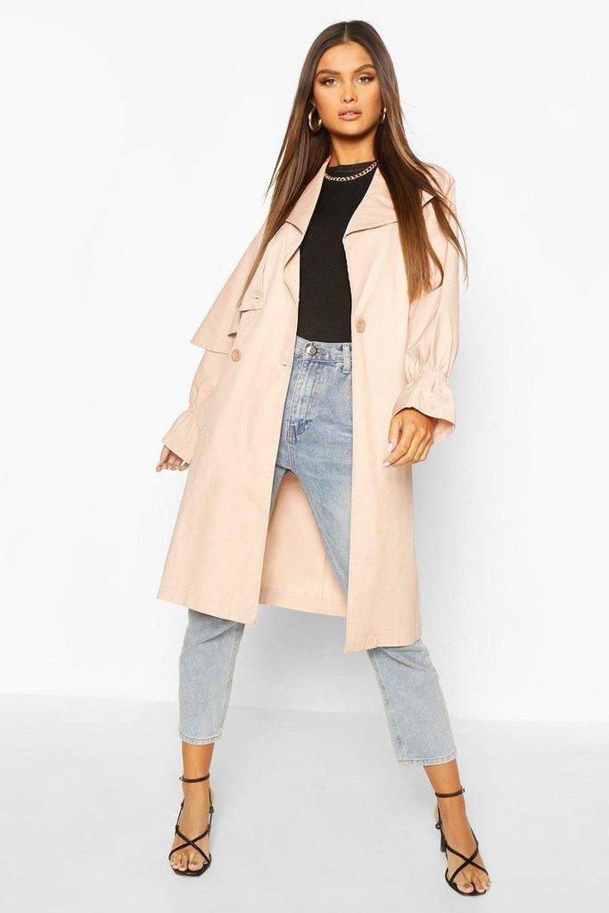 Womens Ruched Sleeve Belted Trench Coat - Pink - 10, Pink