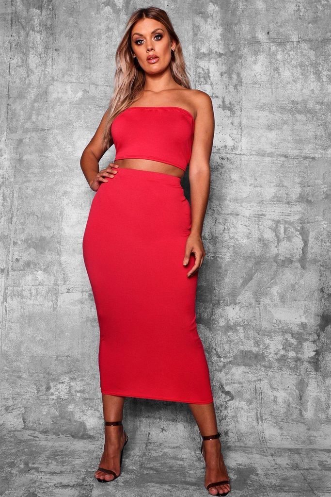 Womens Plus Crepe Basic Midi Bodycon Skirt - Red - 28, Red