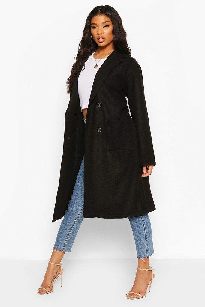 Womens Oversized Wide Sleeve Belted Wool Look Coat - Black - 10, Black