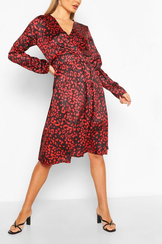 Womens Leopard Button Front Midi Dress - Red - 8, Red