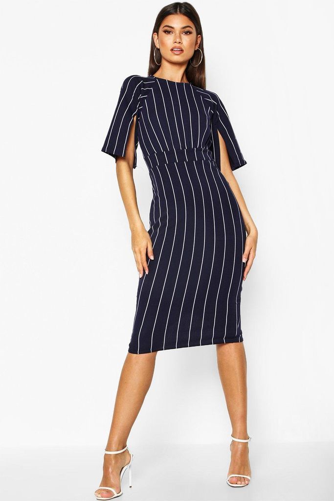Womens Stripe Split Sleeve Wiggle Midi Dress - Navy - 12, Navy