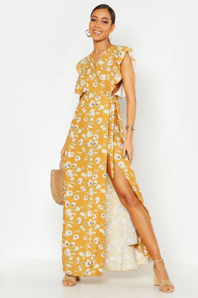 Womens Floral Woven Ruffle Sleeve Wrap Maxi Dress - Yellow - 10, Yellow