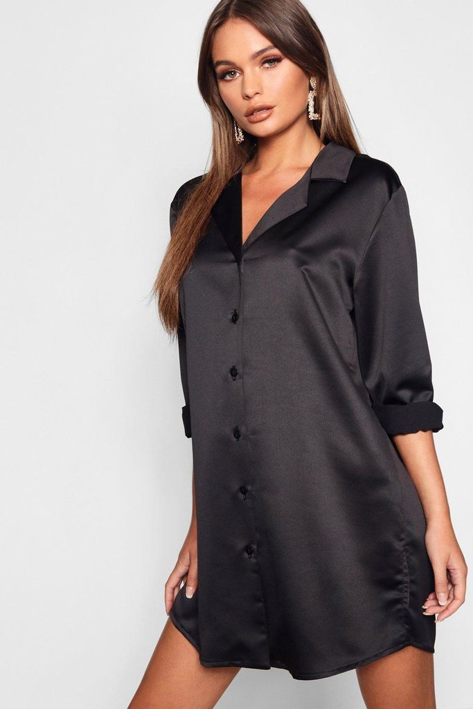 Womens Luxe Satin Oversized Shirt Dress - Black - 16, Black