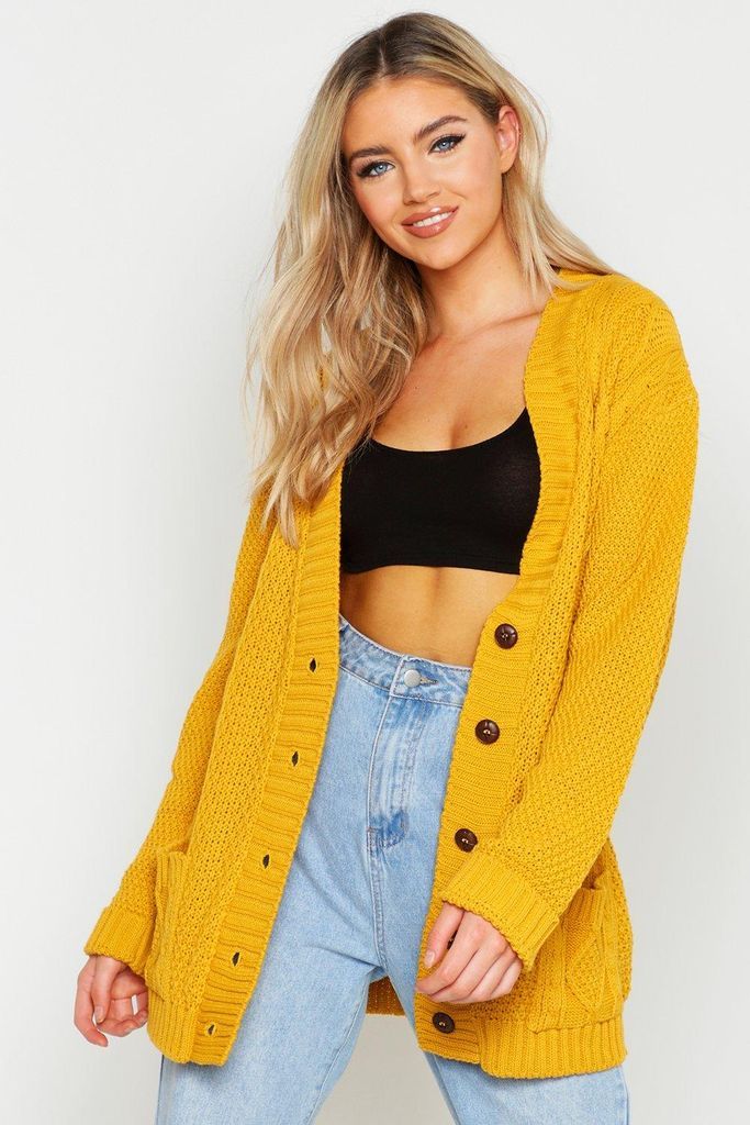 Womens Cable Boyfriend Button Up Cardigan - Yellow - S/M, Yellow