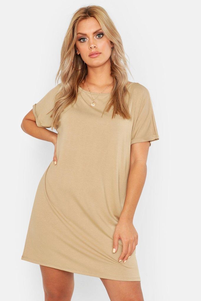 Womens Plus Oversized Roll Sleeve T-Shirt Dress - Beige - 22, Beige