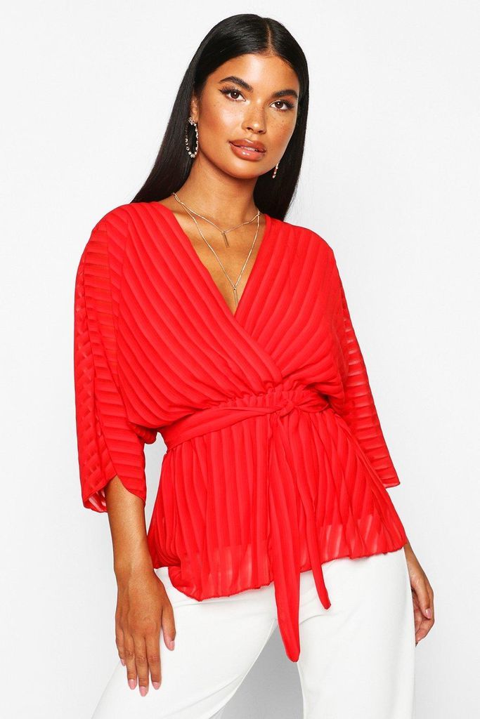 Womens Petite Woven Sheer Stripe Wrap Batwing Blouse - Red - 4, Red
