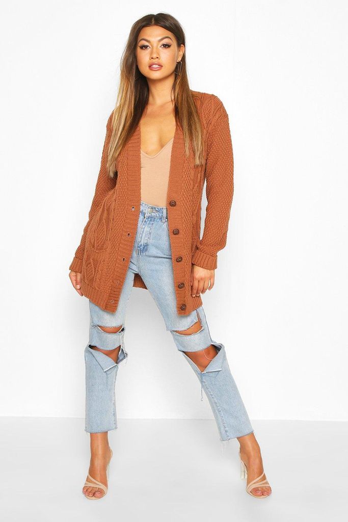 Womens Cable Boyfriend Button Up Cardigan - Brown - S/M, Brown