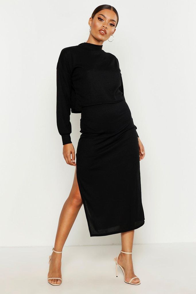 Womens High Neck Ribbed Top & Midi Skirt Co-Ord Set - Black - 8, Black