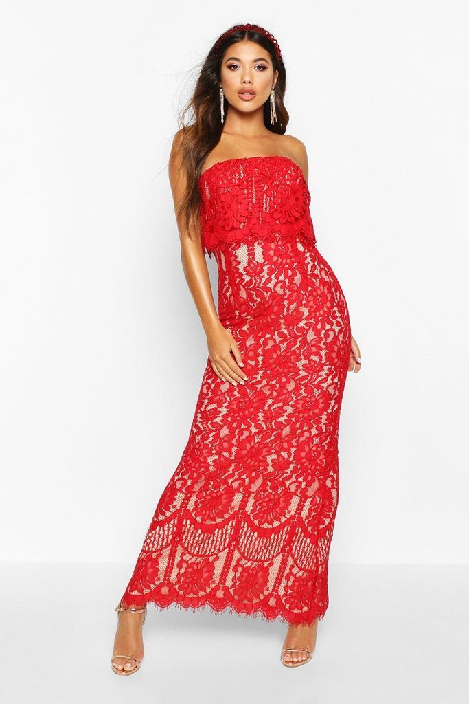 Womens Boutique Scallop Lace Bandeau Maxi Dress - Red - 6, Red