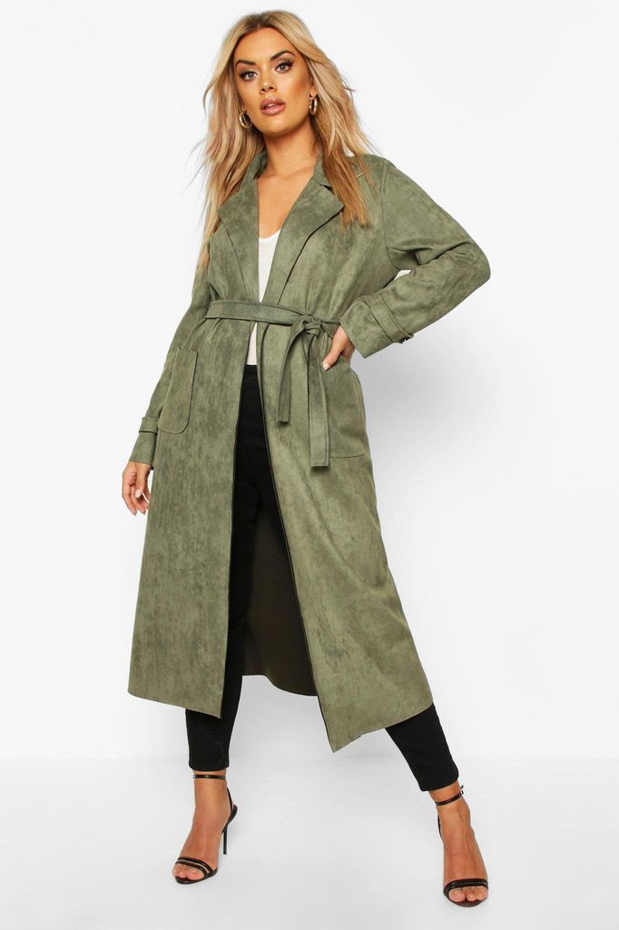 Womens Plus Soft Faux Suede Trench Coat - Green - 18, Green