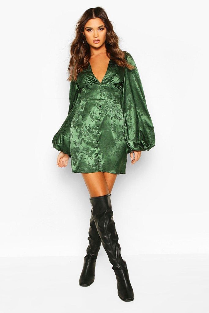 Womens Jaquard Satin Plunge Blouson Sleeve Mini Dress - Green - 8, Green