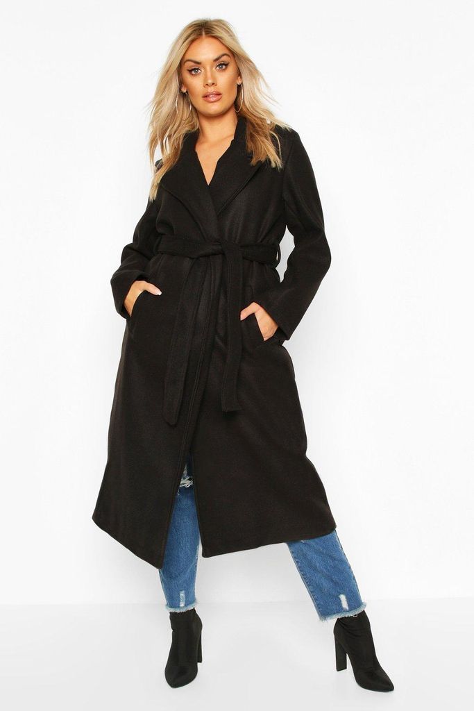 Womens Plus Oversized Self Belted Long Coat - Black - 22, Black