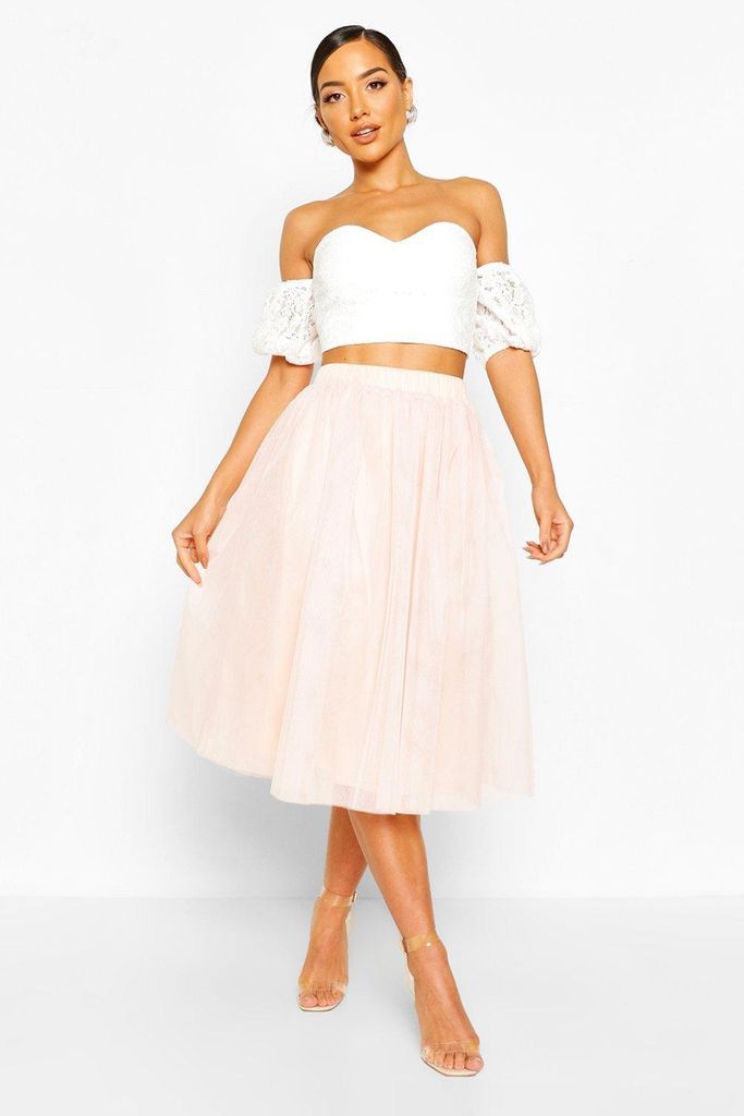 Womens Bardot Lace Top And Tulle Midi Skirt Co-Ord Set - Pink - 6, Pink