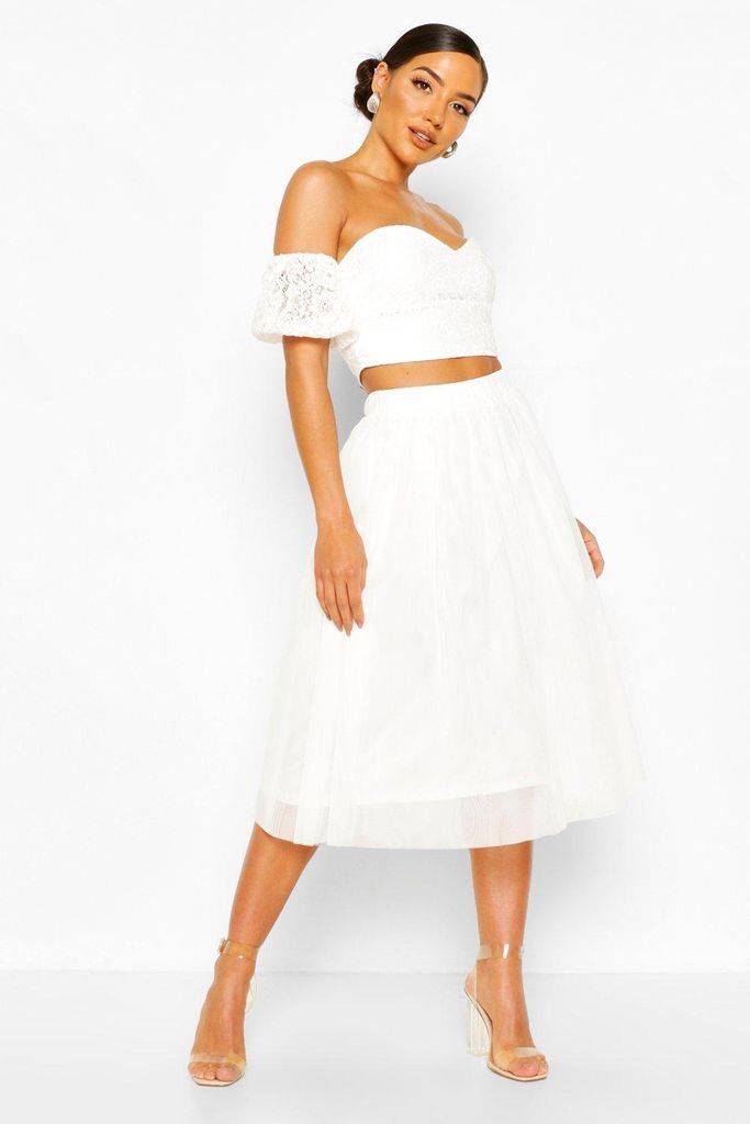 Womens Bardot Lace Top And Tulle Midi Skirt Co-Ord Set - White - 8, White