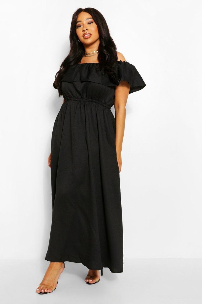 Womens Plus Ruffle Bardot Maxi Dress - Black - 16, Black