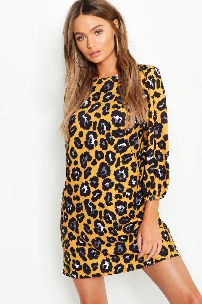 Womens Leopard Print High Neck Blouson Sleeve Shift Dress - Yellow - 8, Yellow