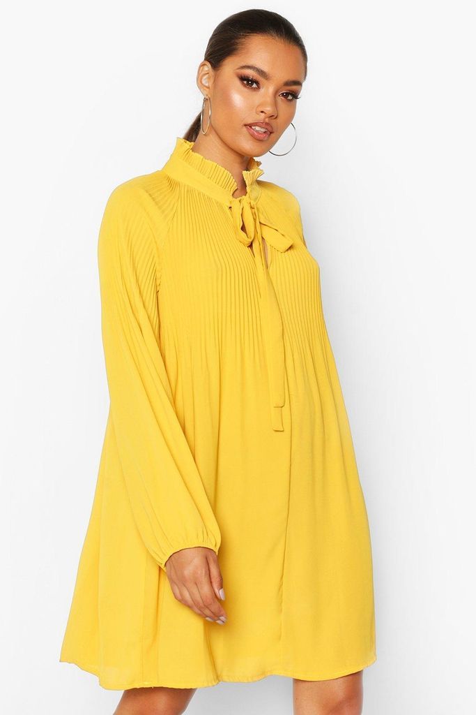 Womens Pussy Bow Pleated Shift Dress - Yellow - 14, Yellow