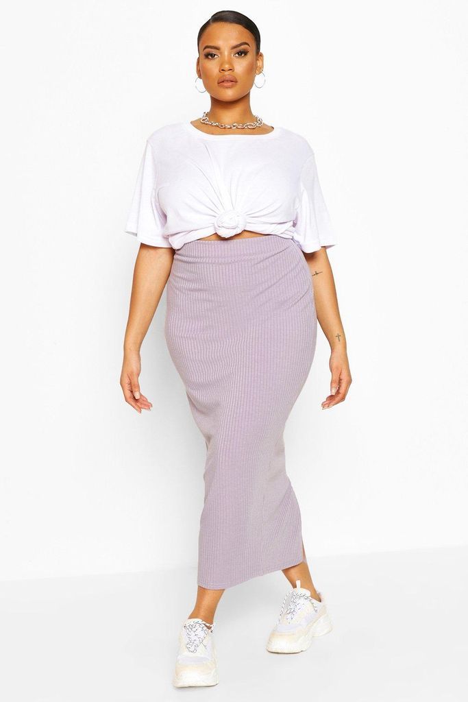 Womens Plus Soft Rib Split Front Midaxi Skirt - Grey - 28, Grey