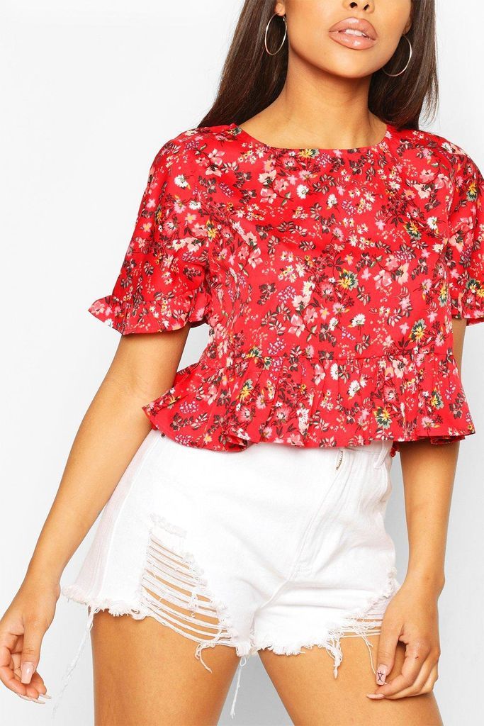 Womens Ditsy Floral Ruffle Sleeve Smock Top - Red - 12, Red