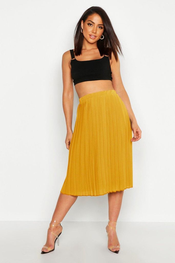 Womens Crepe Pleated Midi Skirt - Yellow - 8, Yellow