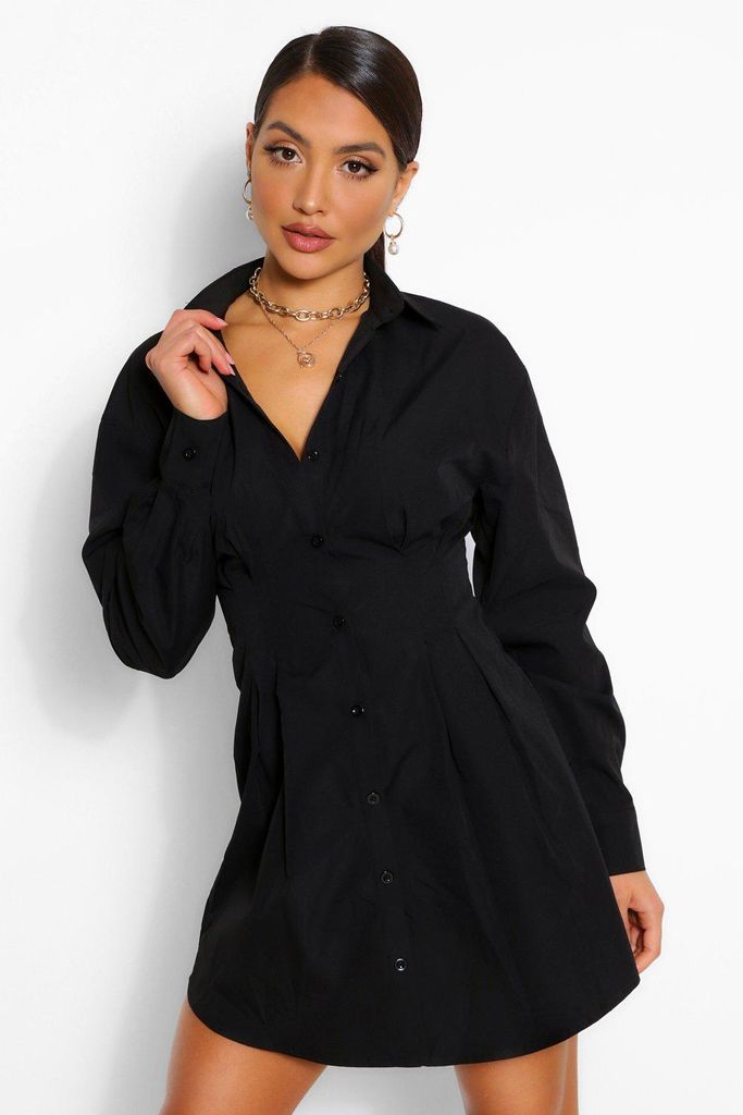 Womens Button Down Pleat Detail Shirt Dress - Black - 8, Black
