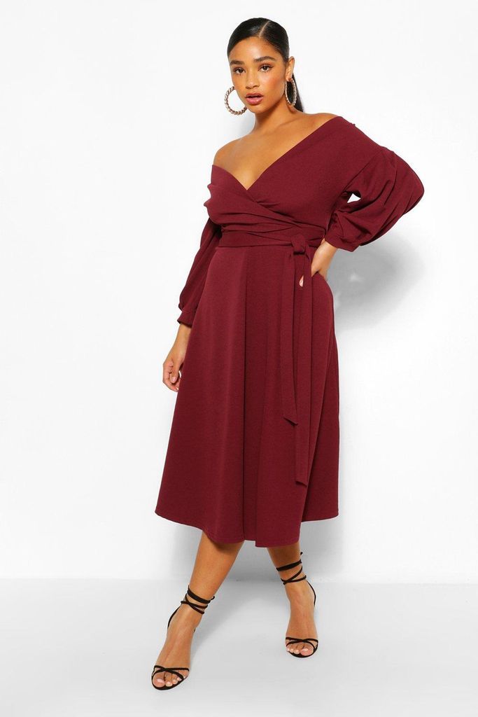 Womens Plus Off Shoulder Wrap Midi Dress - Red - 18, Red