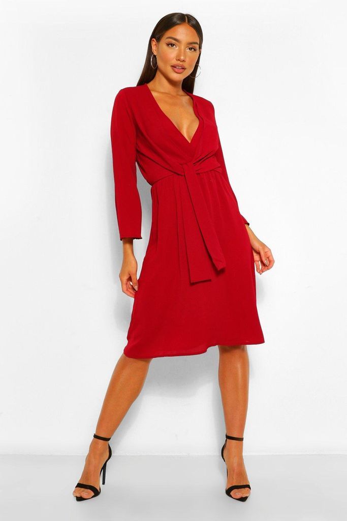 Womens Woven Knot Front Wrap Midi Dress - Red - 10, Red