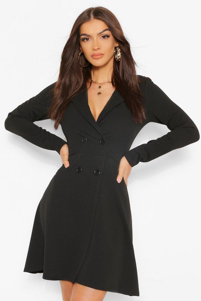 Womens Button Detail Full Skirt Blazer Dress - Black - 8, Black