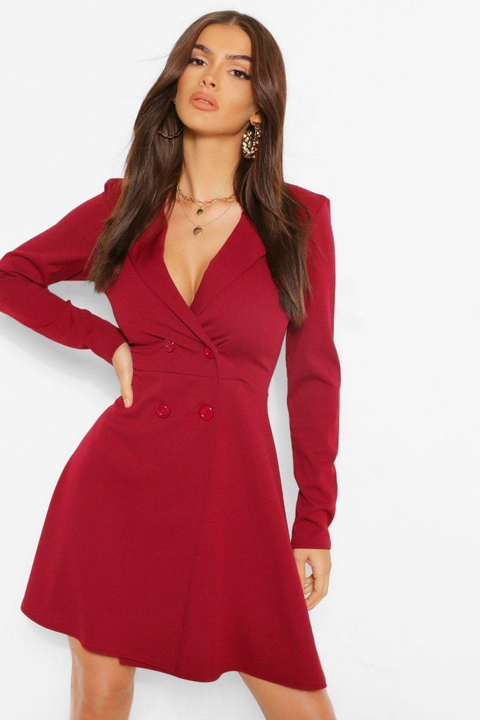 Womens Button Detail Full Skirt Blazer Dress - Red - 8, Red