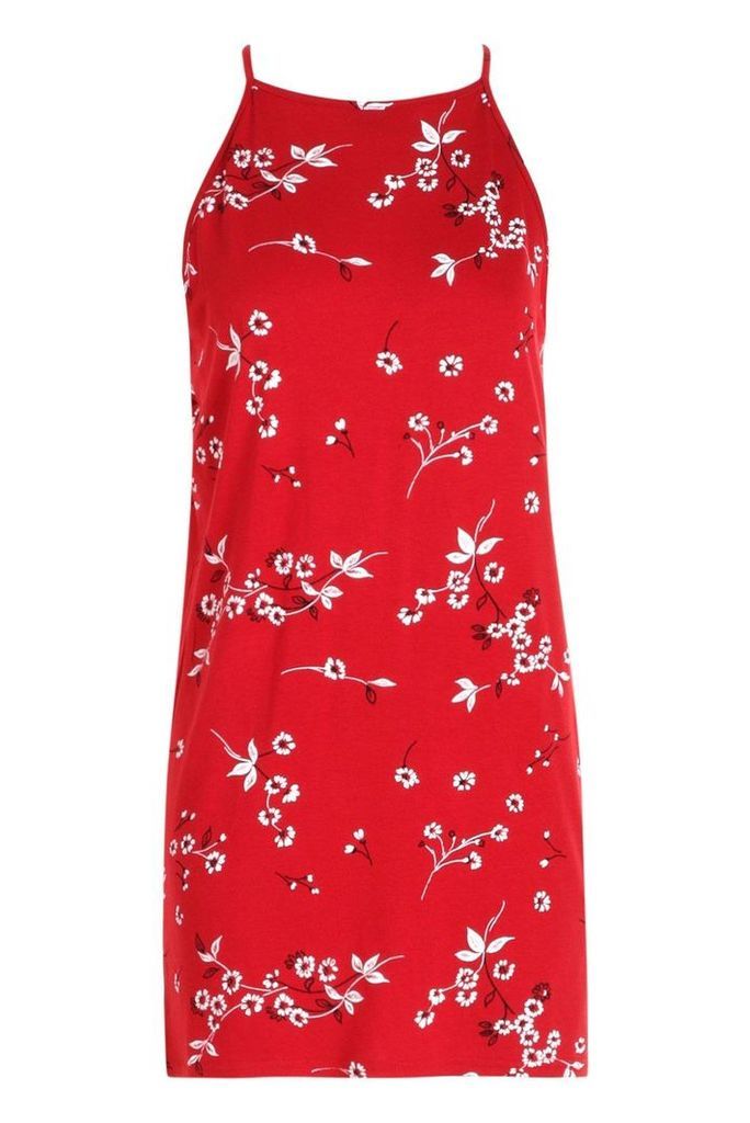 Womens Petite Floral Shift Dress - Red - 14, Red