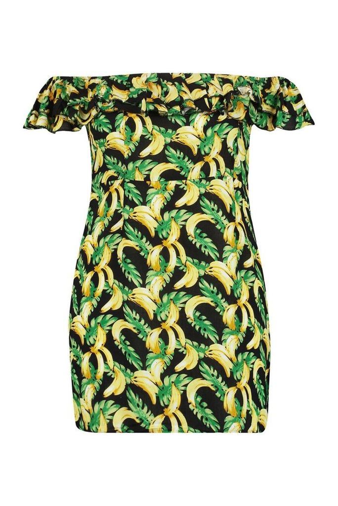 Womens Plus Banana Print Off Shoulder Ruffle Dress - yellow - 16, Yellow