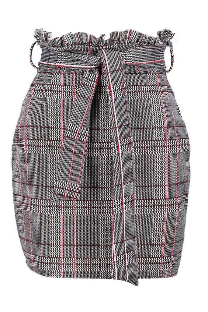 Womens Petite Paper Bag Waist Check Skirt - Black - 10, Black