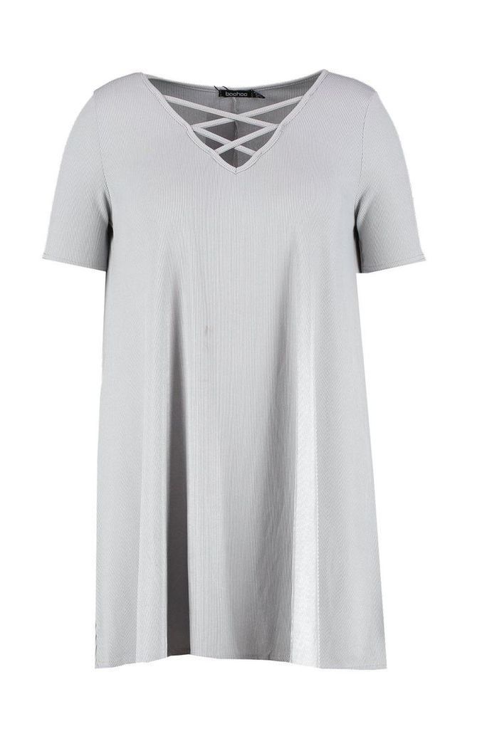 Womens Plus Rib Cross Front Swing Dress - Grey - 22, Grey