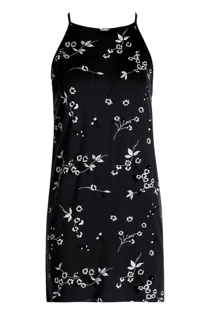 Womens Petite Floral Shift Dress - black - 6, Black