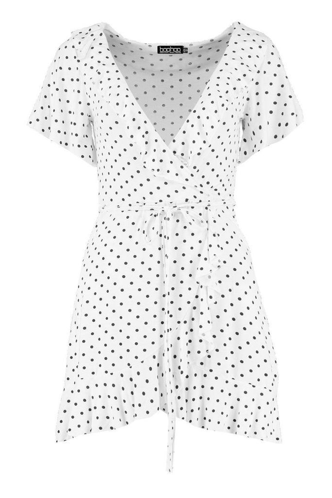 Womens Petite Polka Dot Ruffle Wrap Tea Dress - White - 12, White