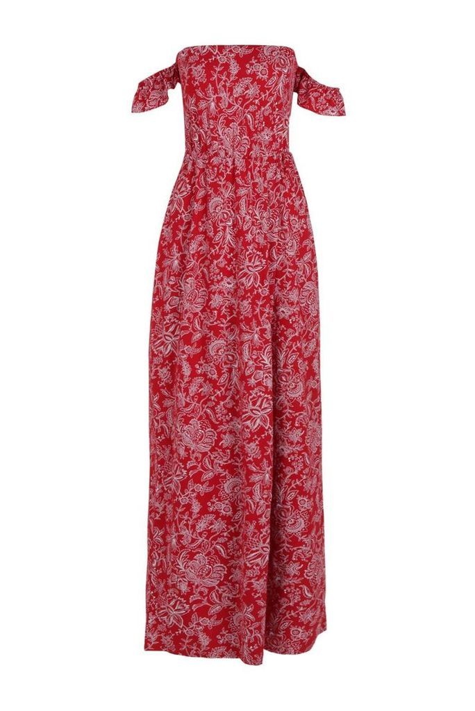Womens Petite Paisley Print Bardot Wrap Maxi Dress - Red - 4, Red