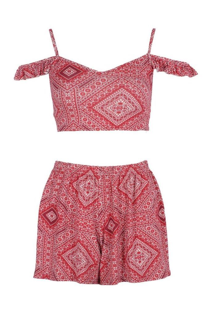 Womens Petite Printed Bralet and Short Co-ord - red - 14, Red