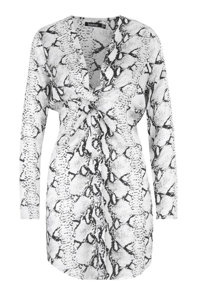 Womens Snake Print Knot Front Woven Shirt Dress - grey - 10, Grey