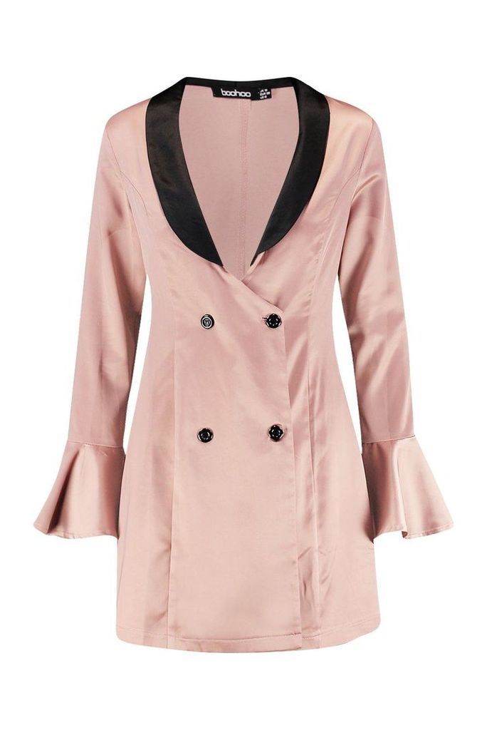 Womens Flared Sleeve Contrast Plunge Blazer Dress - Pink - 10, Pink
